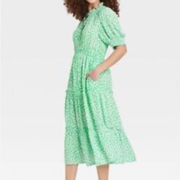 Who What Wear Green Floral Midi Puff Elbow Sleeve Dress in Size Large - Picture 1 of 14